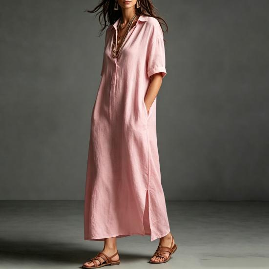 Summer Cotton Linen Dress for Women, Casual Loose Short Sleeve Long Dress, Button Up Lapel V Neck Flowy Maxi Dress