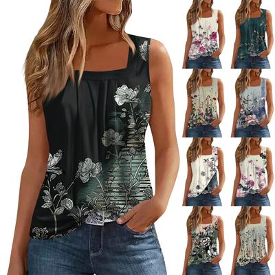 Women's Summer Casual Pleated Square Neck Sleeveless Tank Top Printed T-Shirt