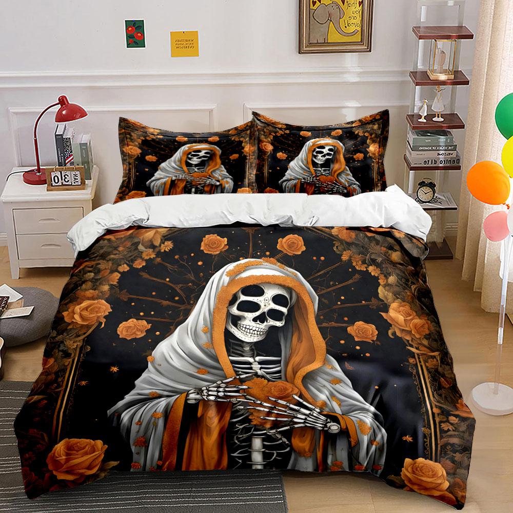 Skeleton In Cloak with Roses Bedding Duvet Cover Set (1*Duvet Cover 2*Pillowcases, Without Duvet Insert)