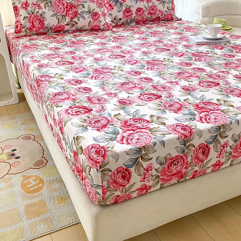 Red Flower Printed Bed Sheet Sets Queen/King Size Matrimonial Reactive Printed Fitted Bedsheets for Double Bed