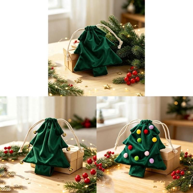 Soft Fabric Christmas Treat Bag Tree Ornament with Pull Cord Opening for Small Gifts and Holiday Table Display
