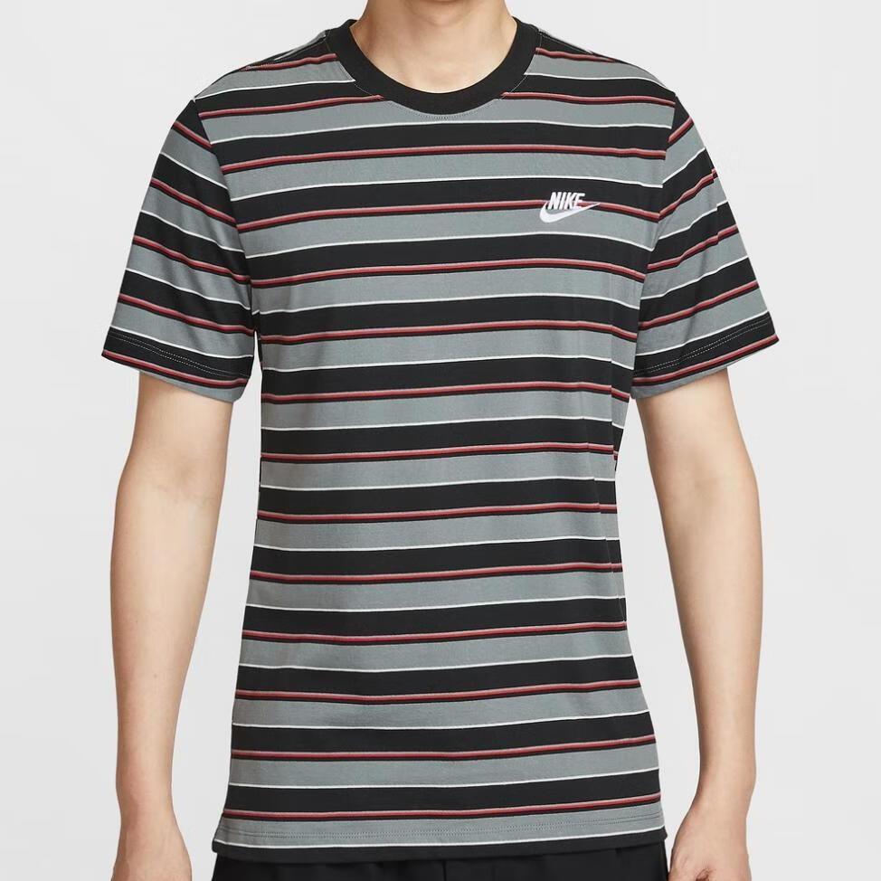 Nike Club T Shirts Men's Gray Black Stripes Crew Neck Moderate HJ0551-011