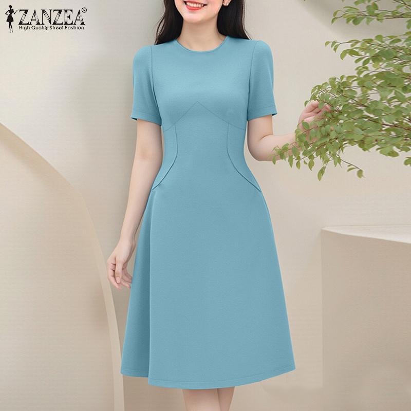 ZANZEA Damen Sommer Freizeit Rundhals Einfarbig Kurzarm Kleid