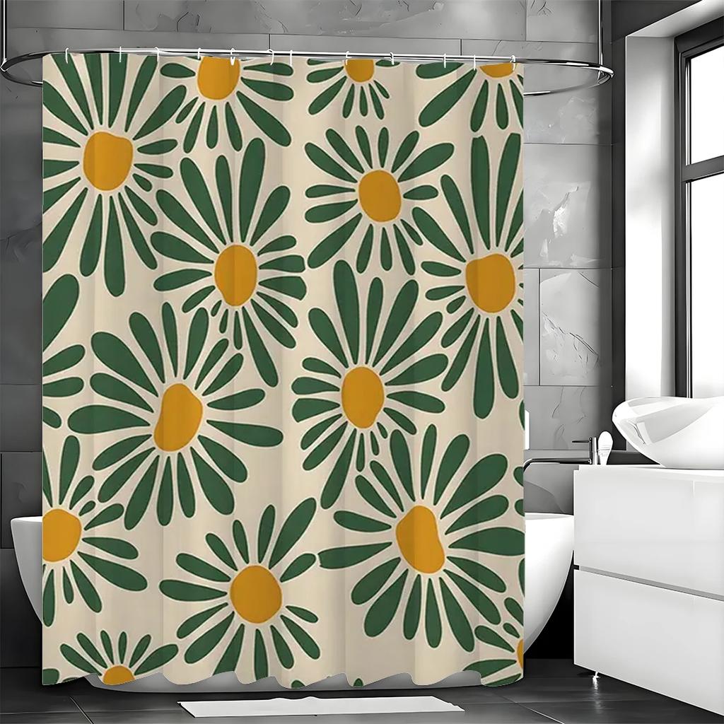 Floral Print Shower Curtain, Polyester Shower Curtain Set with 12 Hooks for Bathroom Rustic Farmhouse Style