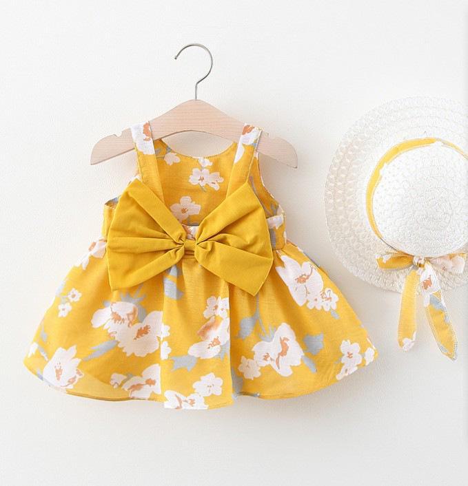 A749 Summer Baby Girl Princess Dress with Big Bow & Flower Skirt, Includes Hat, for Ages 1-4