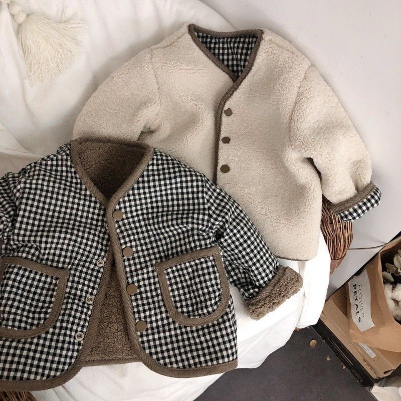 Autumn Winter  1-6 Years Old Autumn/Winter Children's Jacket Double-Sided Wear Plaid Plush Jacket Kids Jacket