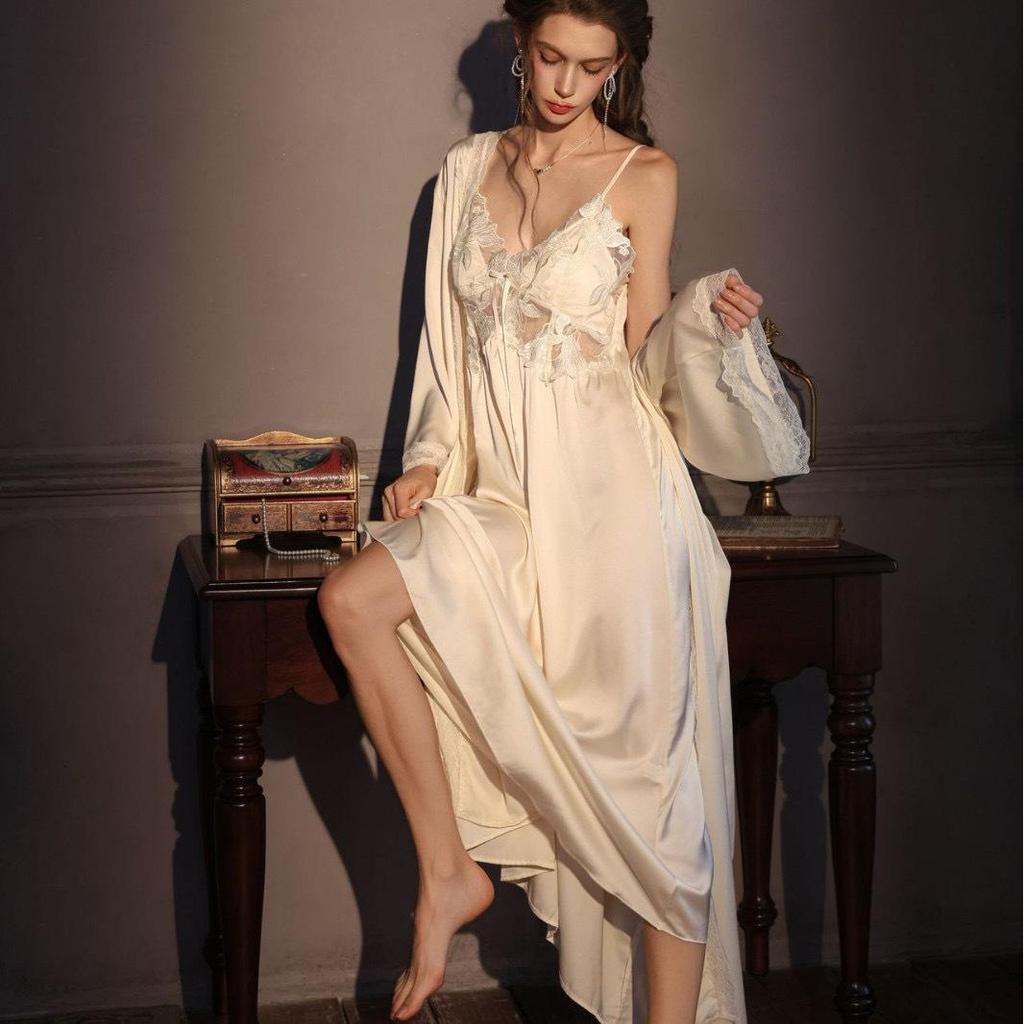 French Romantic Lace Nightgown & Silk Robe Set - High-End Elegant Homewear