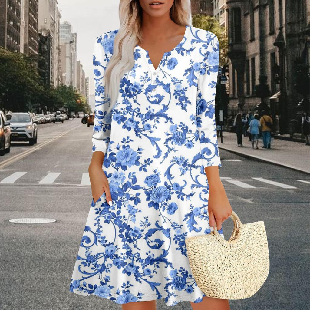 Women's Summer Dress Loose V Neck Three-quarter Sleeve Sundress With Pockets Dress