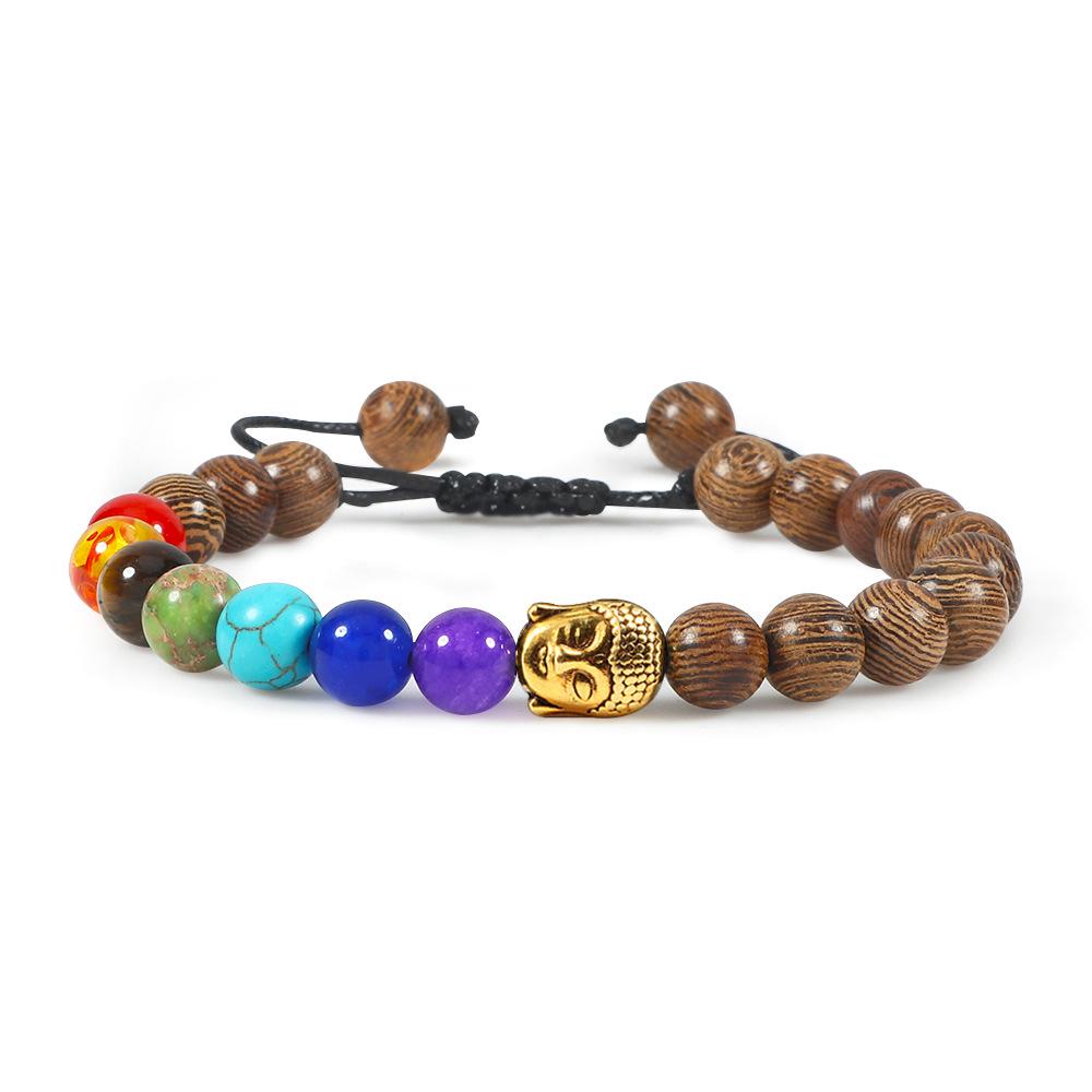 Gold  Silver Buddha Head Stone Bracelet with Lava, Wood, and Tiger Eye Beads