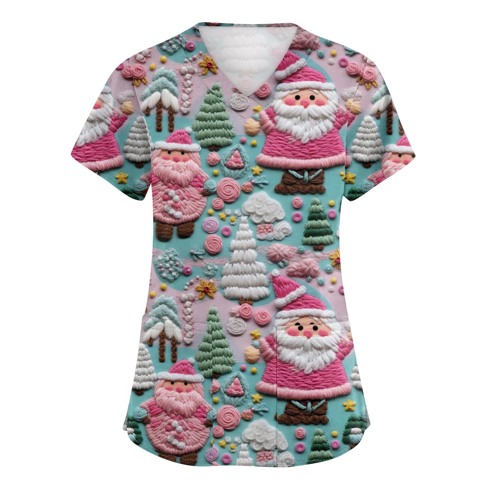 

Women s V-neck Christmas Printed Short-sleeved Pocket Side-slit Protective Suit Top S