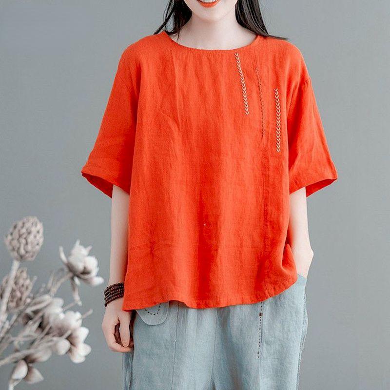 Women's Summer Loose-Fit Short-Sleeve Top Solid Color Vintage T-Shirt