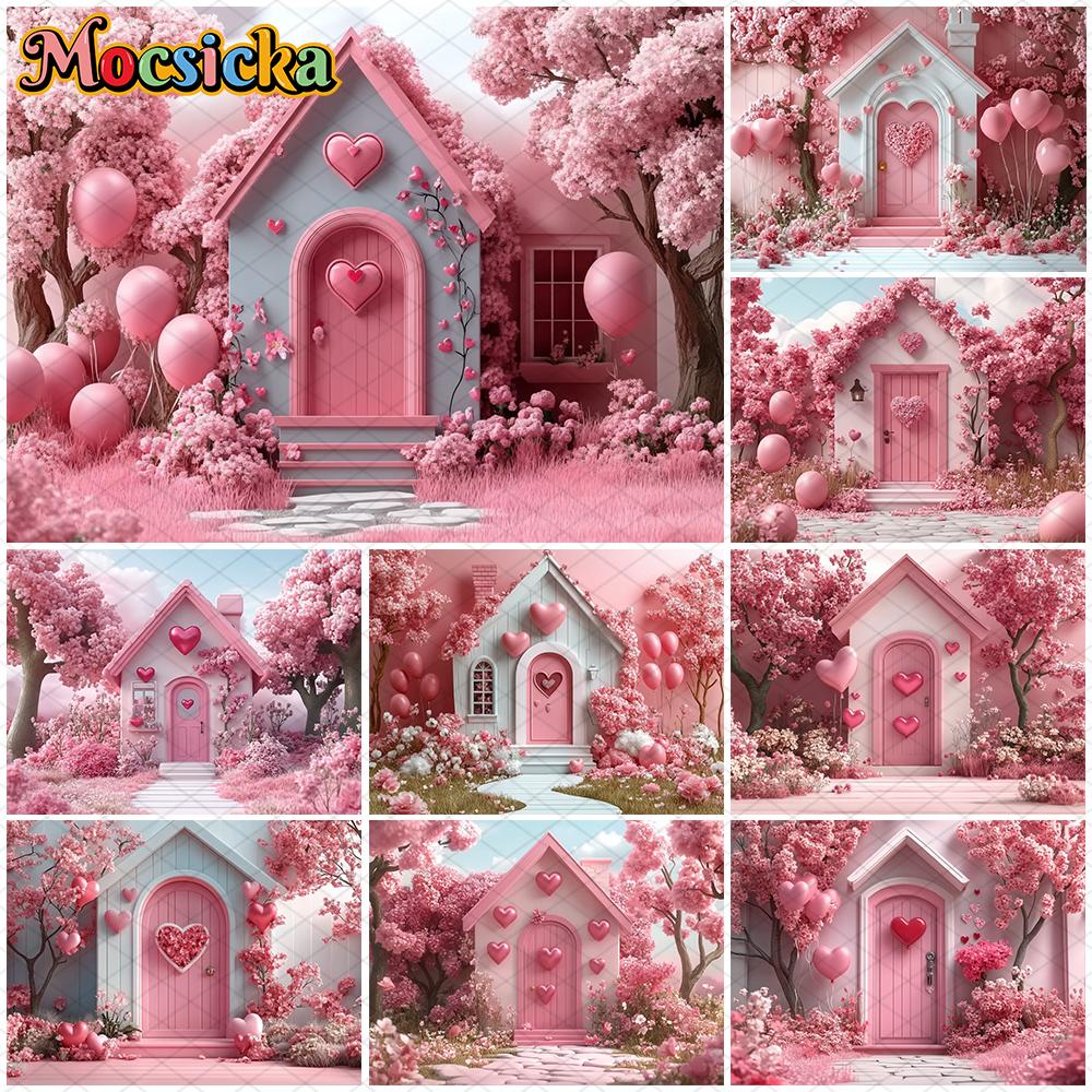 Mocsicka Valentine's Day Photo Backdrop Pink House Tree Balloons Flowers Wallpaper Decorations Wedding Backgrounds Studio Banner