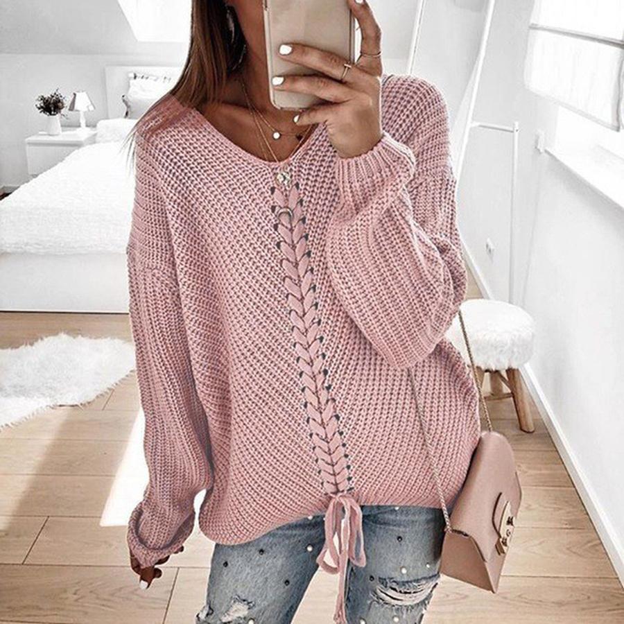 Fall Winter New Women's Long Sleeve Loose V-Neck Drawstring Backless Pullover Knit Sweater Women's Clothing