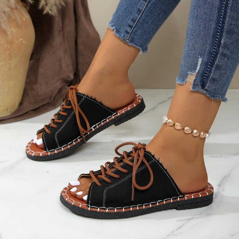 Summer Flat One-line Lace-up Shoes Large-sized Casual Slippers Roman Women's Sandals