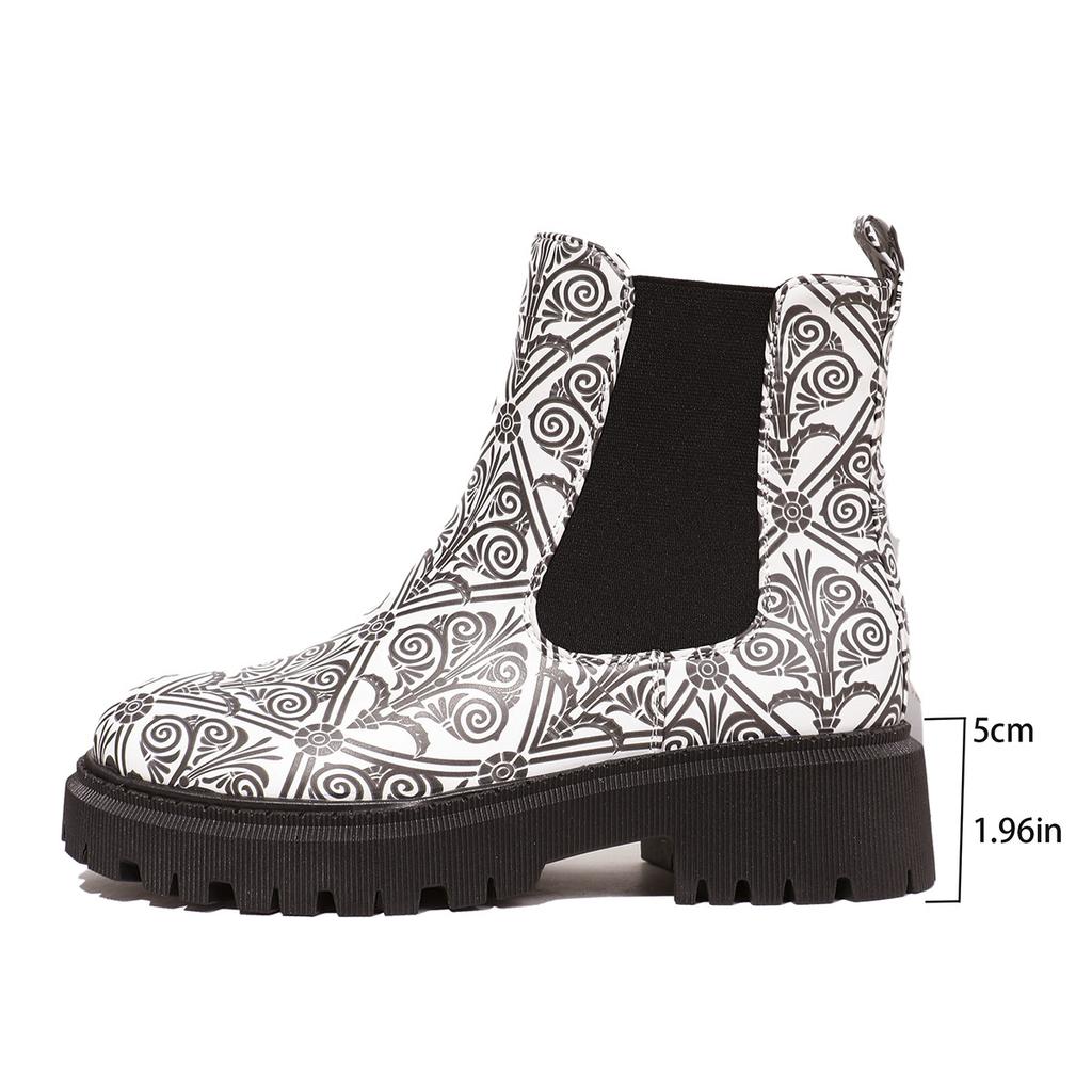 Round Head Printed Elastic Thick-soled Fashion Boots Autumn and Winter New Medium Tube Women's Boots Medium Heel Women