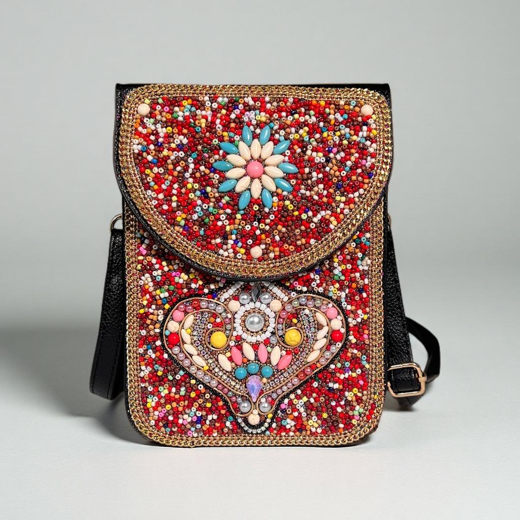 Women's Small Crossbody Cell Phone Bag Boho-Style Colorful Beaded Purse Wallet with Handmade Patterns Lightweight Cell Phone Shoulder Bag for Women