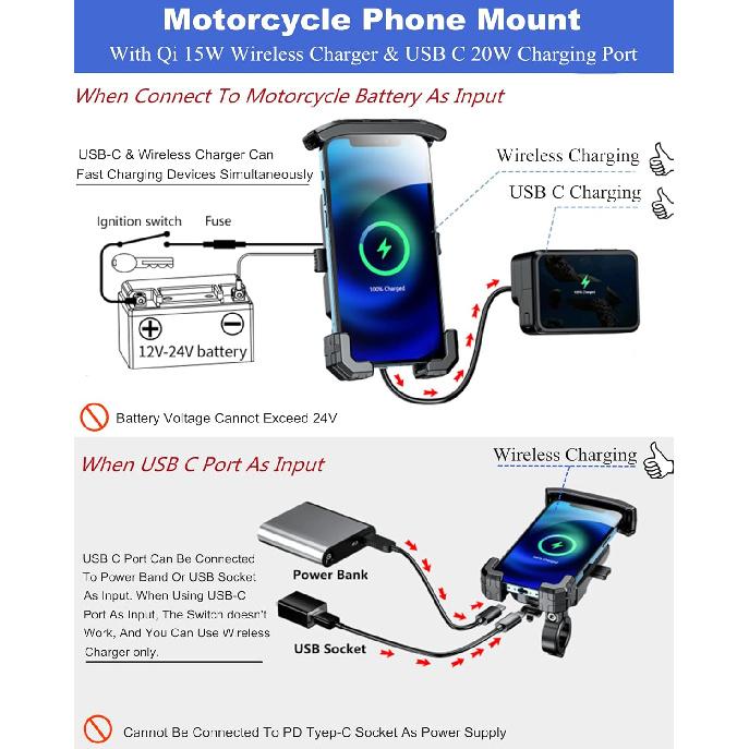 BRCOVAN Motorcycle Phone Mount Holder With Qi 15W Wireless Charger & PD/USB-C 20W Fast Charging Port, [1S Lock] Cellphone Cradle With Aluminum Alloy