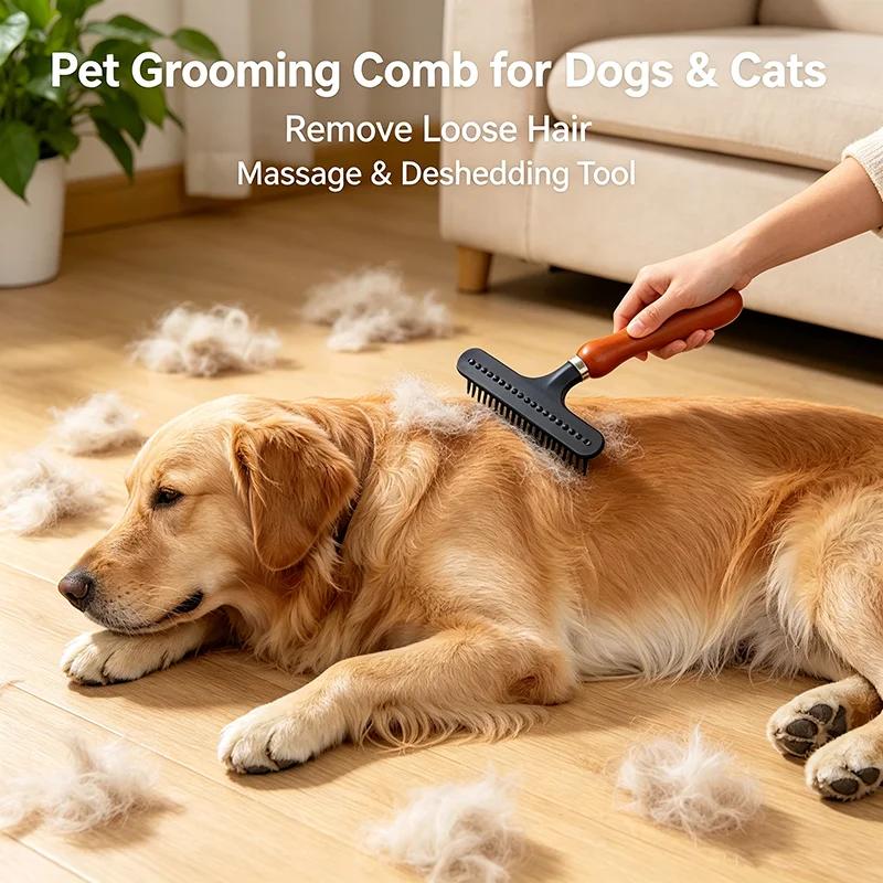 Wooden Pet Deshedding Tool for Long And Short Hair Dog And Cat Undercoat Rake - Grooming Brush for Dogs And Cats
