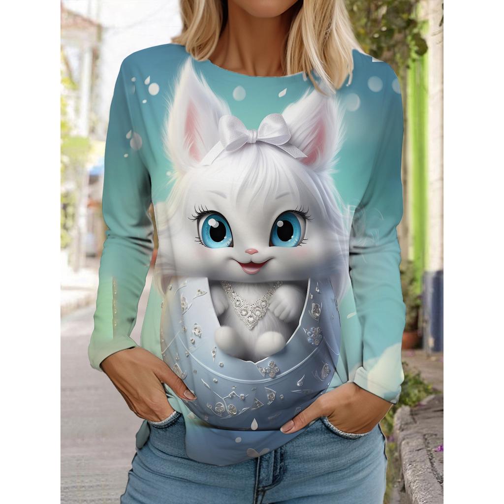 2025 Autumn and Winter Women's Long Sleeve 3D Printed Cute Cat T-Shirt, Streetwear, Round Neck Long Sleeve