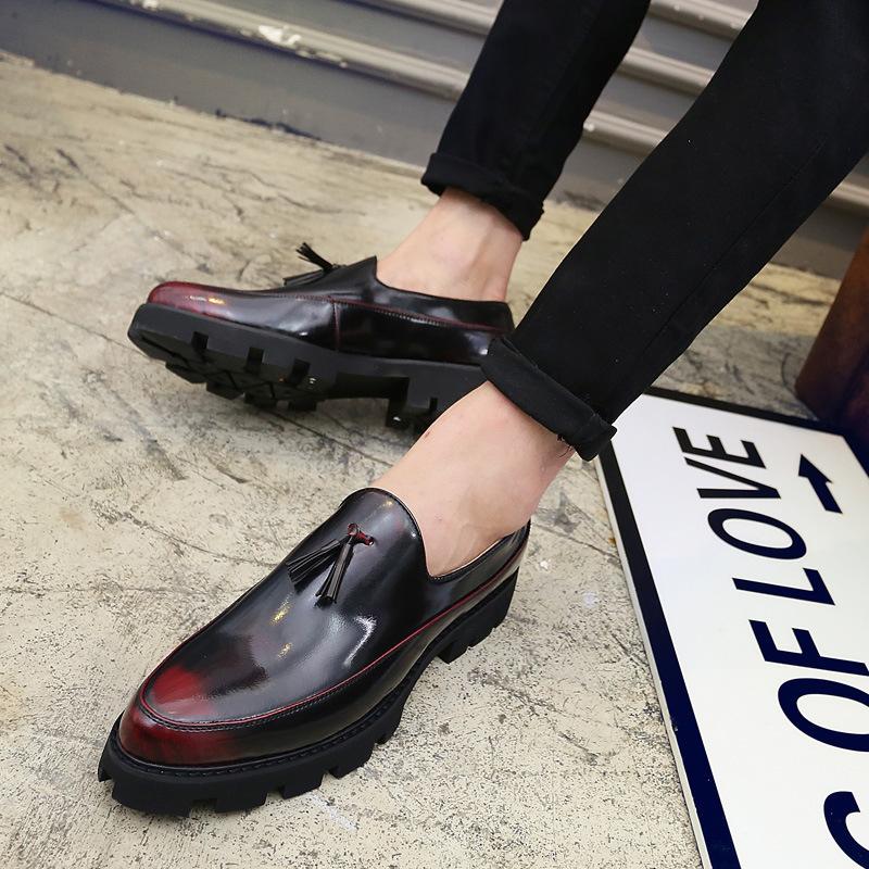 Korean version of casual shoes men's British leather shoes spring pointed toe one pedal heightening men's shoes trend nightclub hair stylist shoes