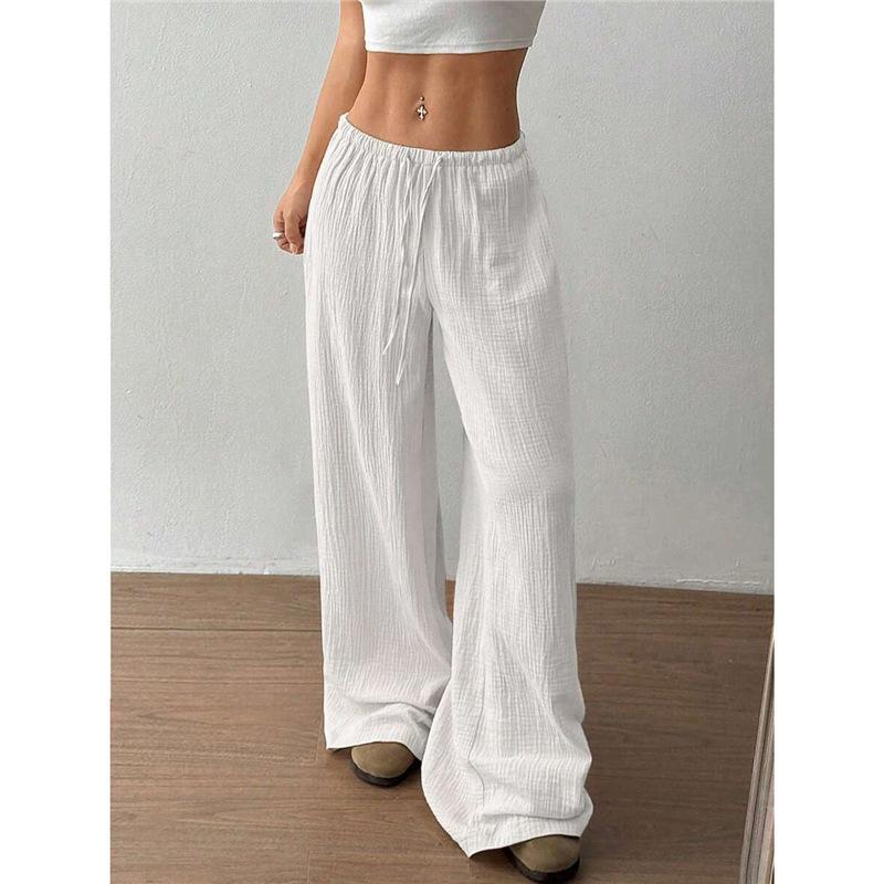 Women S Elastic Waist Solid Color Wide Leg Casual Pants S белый