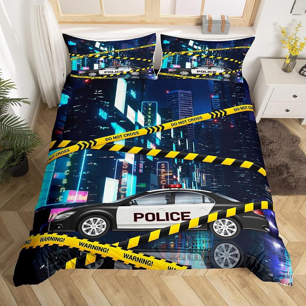 Police Car Duvet Cover Set Boys Cartoon Car Bedding Sets Full Size, Emergency Responder Vehicles Comforter Cover Set Blue Grey