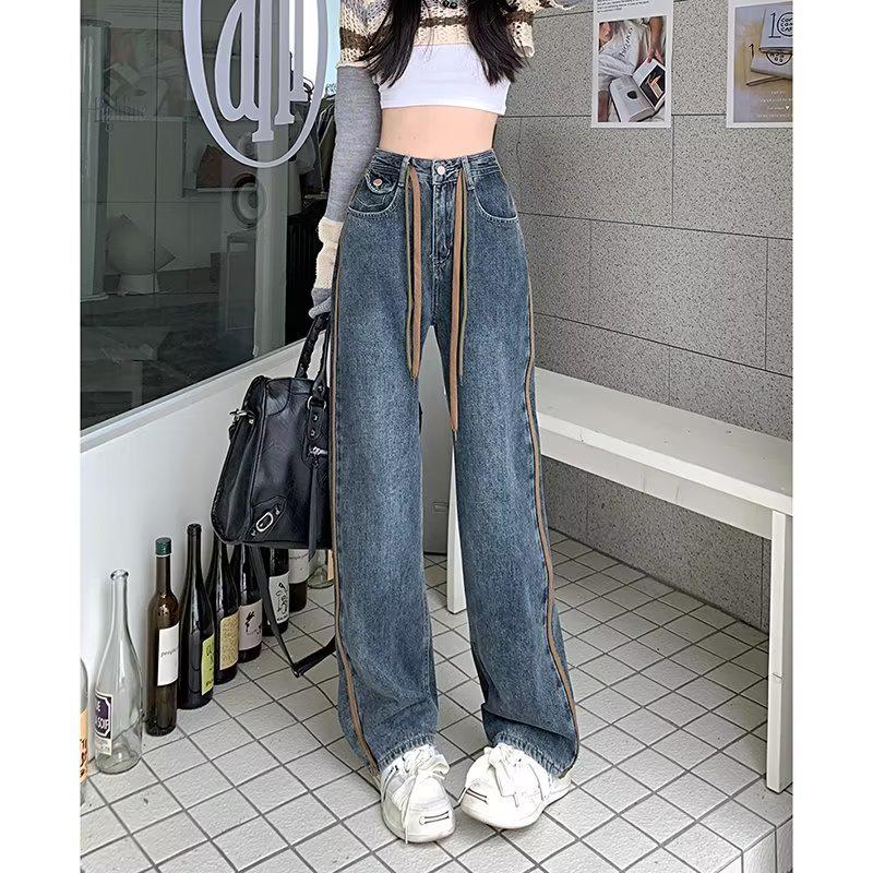 

2023 New Korean High-Waist Wide Leg Slim Jeans for Women - Autumn/Winter Drawstring Design, Plus Size Available XL синій/сірий колір
