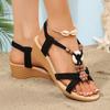 Fashion Bohemia Wood Flower Decoration Beach Sandals Women 2025 Summer Wedge Heels Sandals Women String Bead Cross Strap Shoes Plus Size
