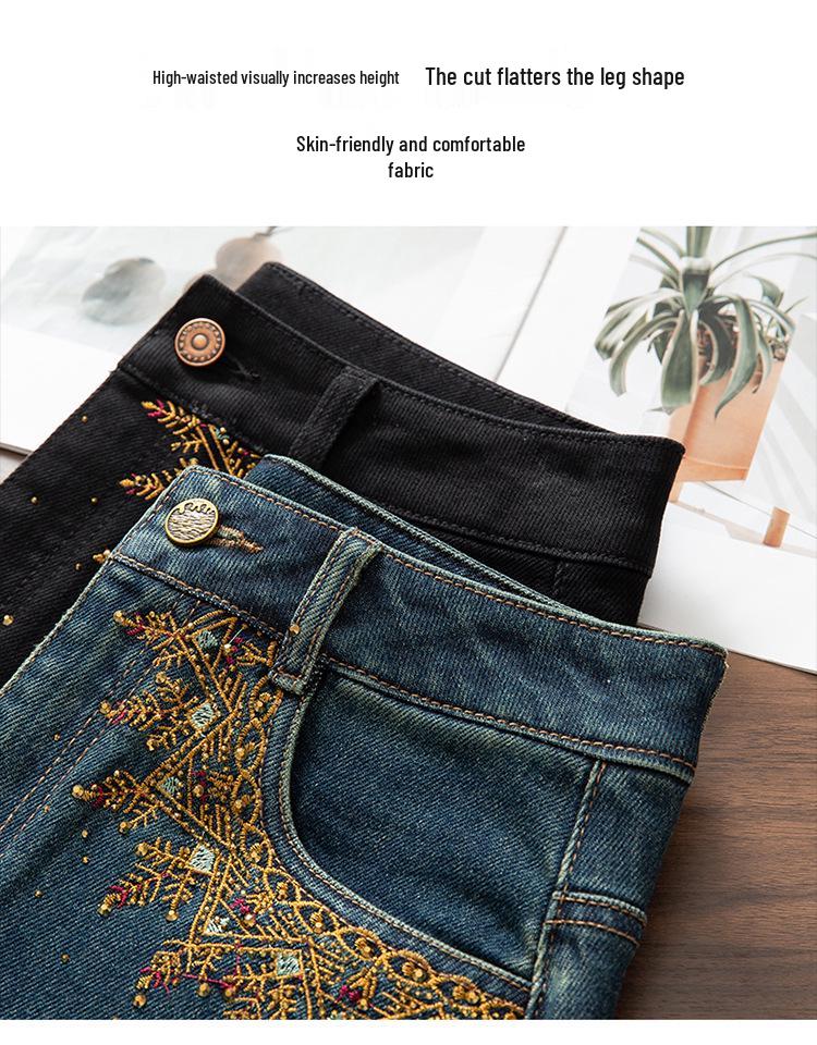 25 Spring/Autumn Women's High-Waist Denim Skirt with Colorful Embroidered Edge and Slit