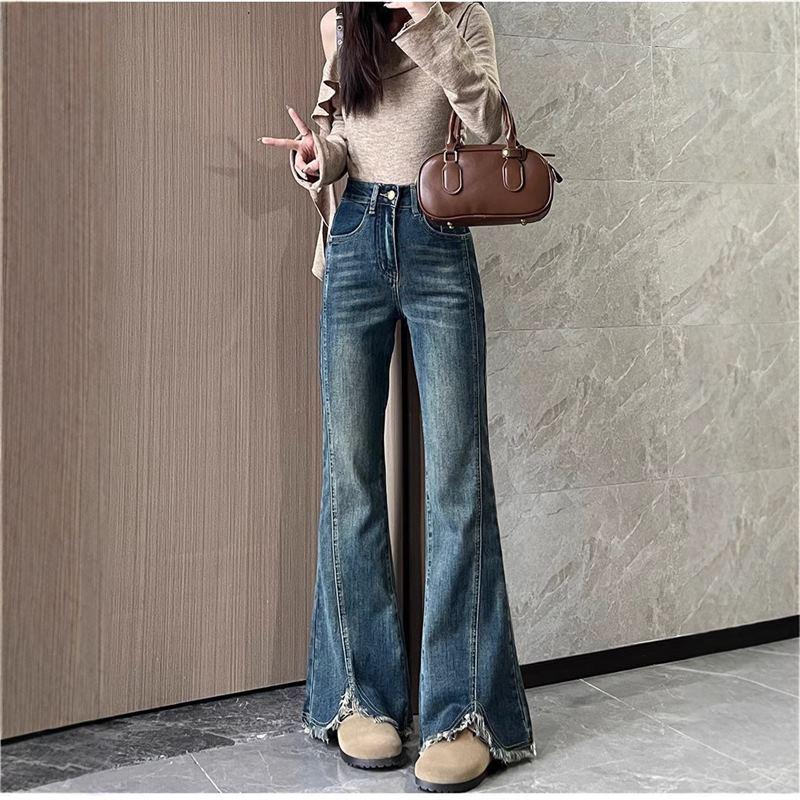 2025 Autumn/Winter Women's Stretch Blue-Gray Raw Hem High Waist Bell Bottom Jeans