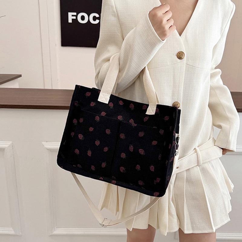Corduroy Strawberry Print Tote Bag Women Large Capacity Shoulder Bag With Multiple Pocket Adjustable Strap Commut Casual Handbag