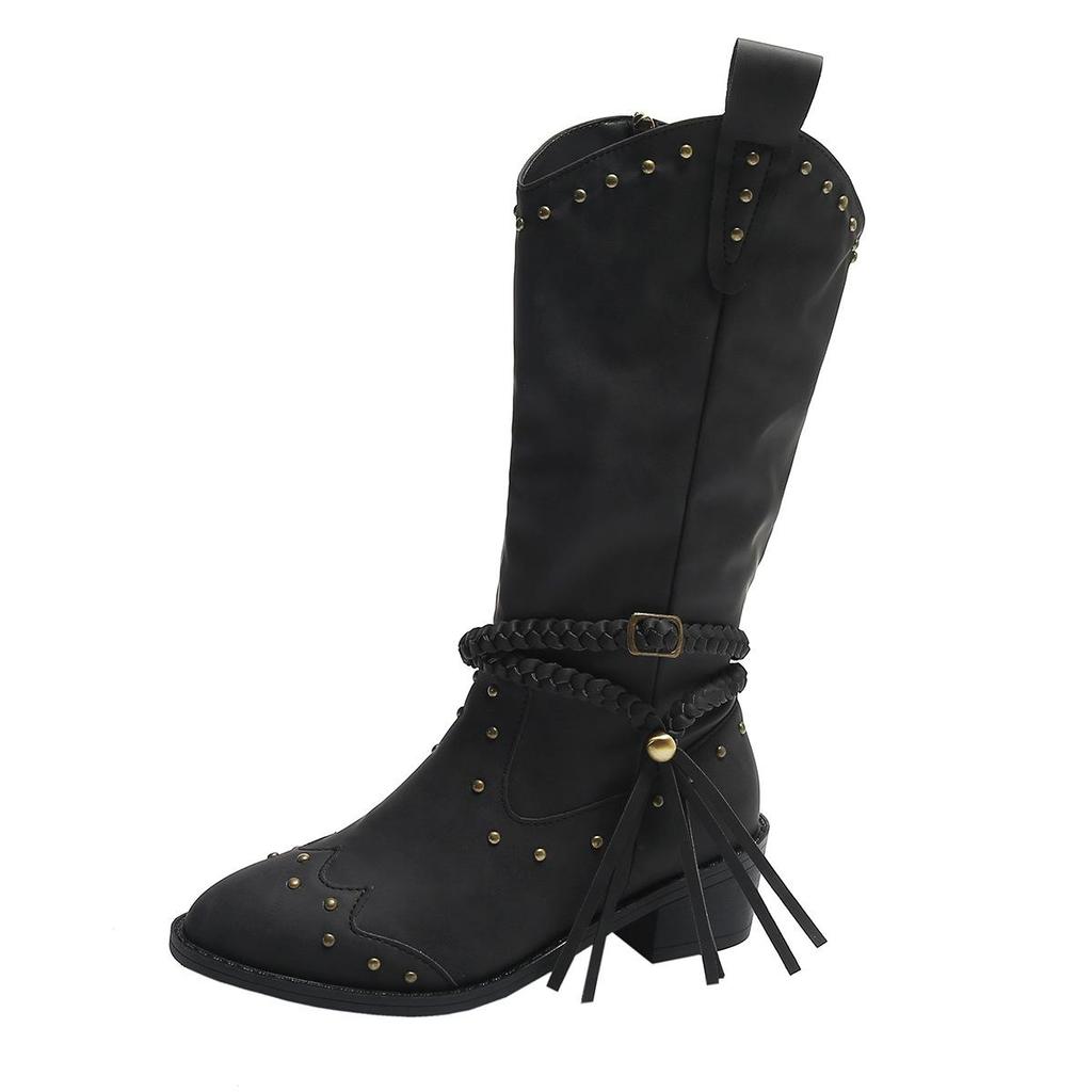 Herbst Winter Übergröße Damen PU Nieten Gürtelschnalle Martin Stiefel Bequem Warm Scharf Spitz Quaste Mid-Calf Stiefel Schuhe 36-42