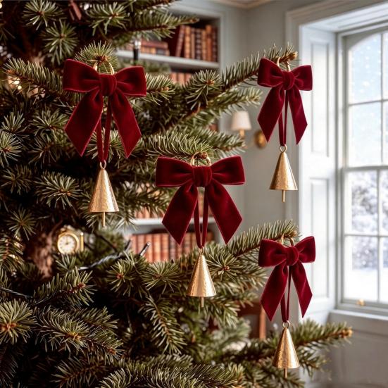 Holiday Party Hanging Ornaments 6 Pcs Velvet Bow with Bell Ornaments, Vintage Rustic Christmas Seasonal Decorative Decoration, Retro Jingle