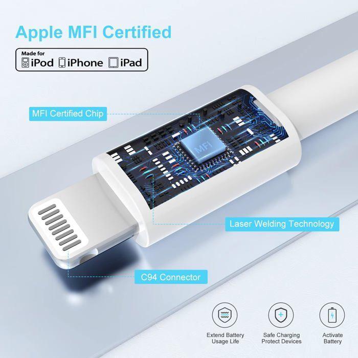 Chargeur iPhone - Apple - 20W - Charge rapide - Câble Lightning 2m - USB Type C