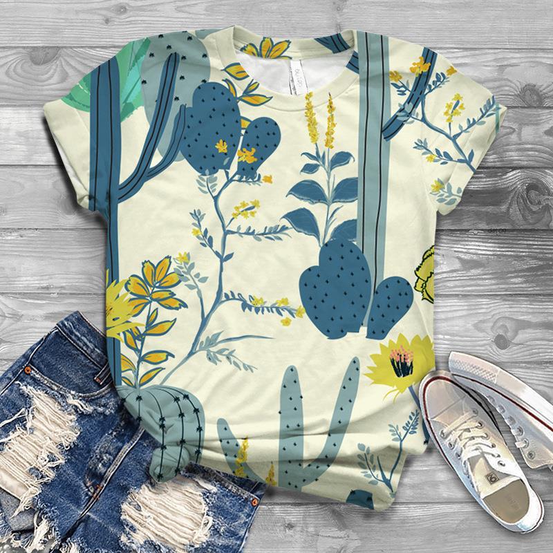 Damen Sommer Europäisch und Amerikanisch Neu 3D Freizeit Kunst Design Blumen Bedrucktes T-Shirt