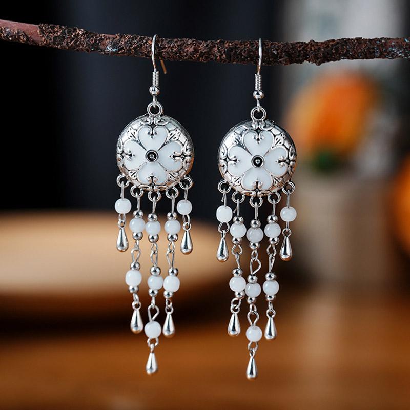 White Enamel Peacock Water Drop Feather Earrings for Women Ethnic Elegant Long Crystal Rhinestone Earring Boho Vintage Jewelry