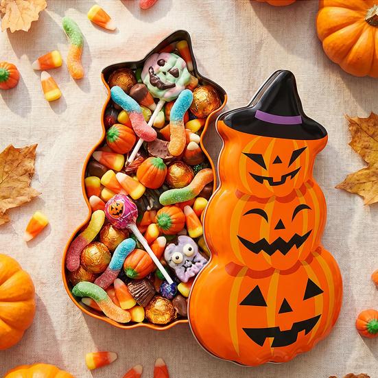 Halloween Pumpkin Candy Tin Box, Stacked Pumpkin Shaped Metal Treat Container with Lid, Orange Tinplate Case for Trick or Treat Party Favors