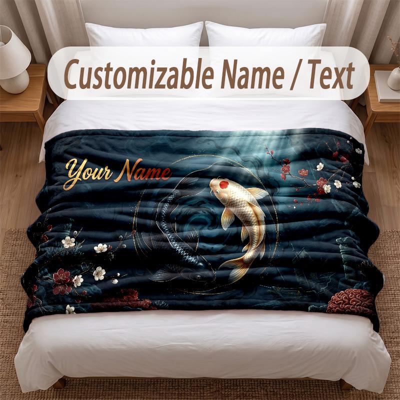 Koi Fish Theme Soft Blanket Personalized Custom Name Text Print Warm Blanket Home Sofa Bedroom Decor