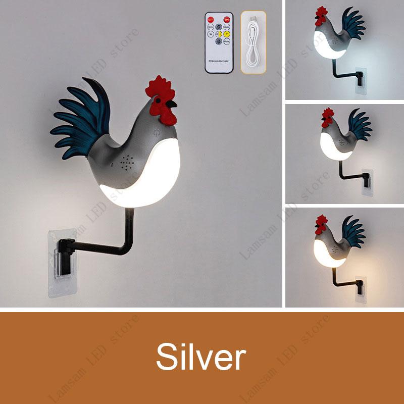 LED Rooster Wall Light USB Rechargeable Cordless Cock Lamp Decorative Animal Lightings for Corridor Living Room Foyer Bedroom