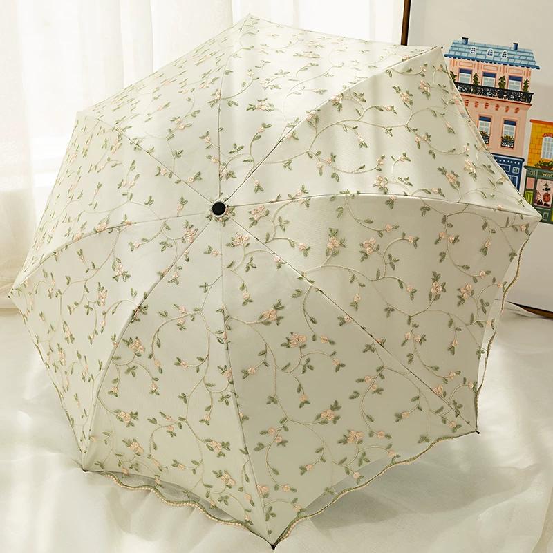 Double-Layer Lace Embroidered Sun Umbrella for Women, Black Glue Coating for Sun Protection and Uv Protection, Princess Umbrella, Sunshade and Rain