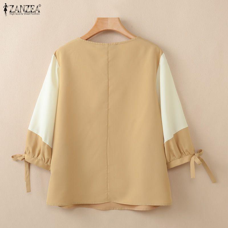ZANZEA Womens Elegant Colorblock Blouse Casual O Neck 3/4 Sleeve Patchwork Loose Tops