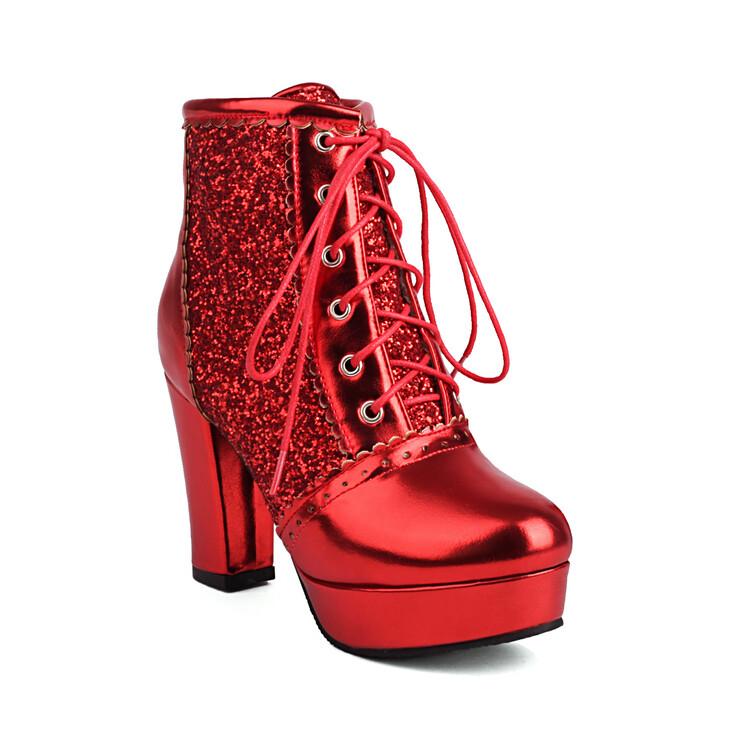 Autumn New Women Chunky High Heels Bling Party Ankle Chelsea Boots Gold Silver Red Black Big Size 34-48