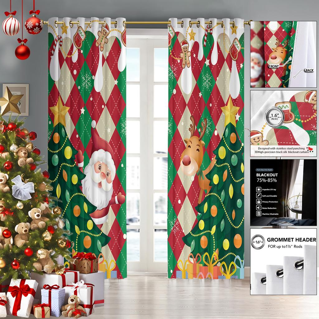 Set Of 2 Cartoon Santa Claus Reindeer Print Curtain Insulation Living Room Holiday Decoration Multiple Sizes Blackout Polyester Ideal For