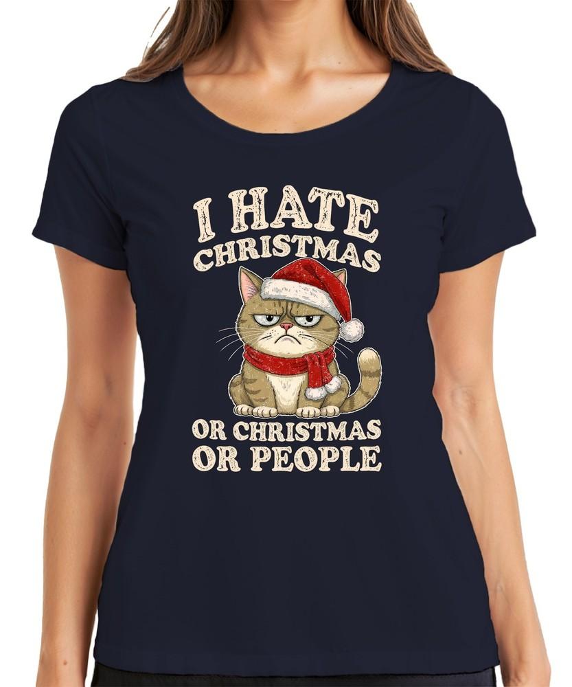 I Hate Christmas Or Christmas Or People Funny Cat Sarcastic Ladies TShirt S
