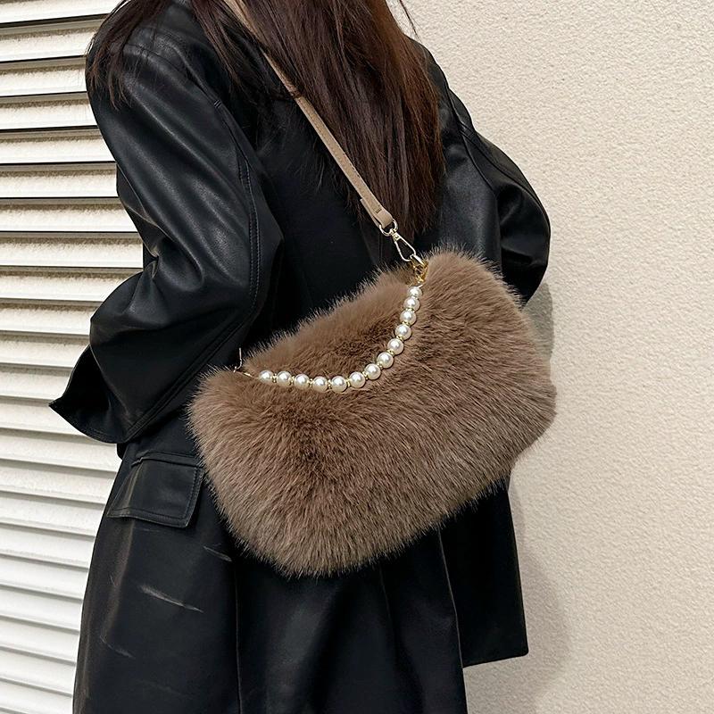 Yogodlns Winter Fashion Women's Faux Fur Shoulder Bags Candy Color Pearl Handle Crossbody Bag Small Fluffy Female Pillow Handbags