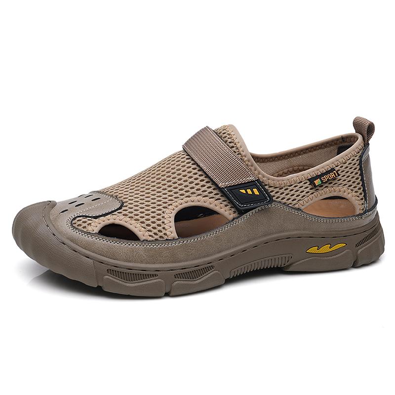 Fashion Breathable Mesh Footwear Outdoor Leisure Hollow Out Sandals Hand-stitching Men's Beach Flats Summer New Fashion Male Sandals