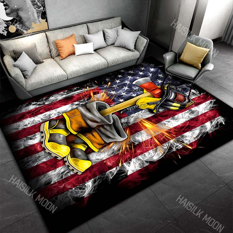 1PC Firefighter helmet axe boots American flag Carpet for Living Room Bedroom Sofa Home Decor Rus Non-slip Floor Mat Luxury Gift