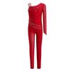 Girls Figure Skating Gymnastics Jumpsuit Asymmetrical Design Back Invisible Zipper Mesh Patchwork Sparkly Rhinestones Bodysuit for Competition