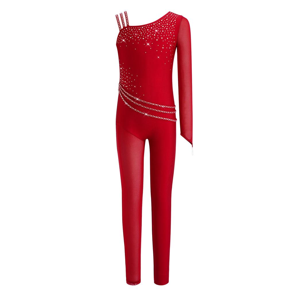 Girls Figure Skating Gymnastics Jumpsuit Asymmetrical Design Back Invisible Zipper Mesh Patchwork Sparkly Rhinestones Bodysuit for Competition