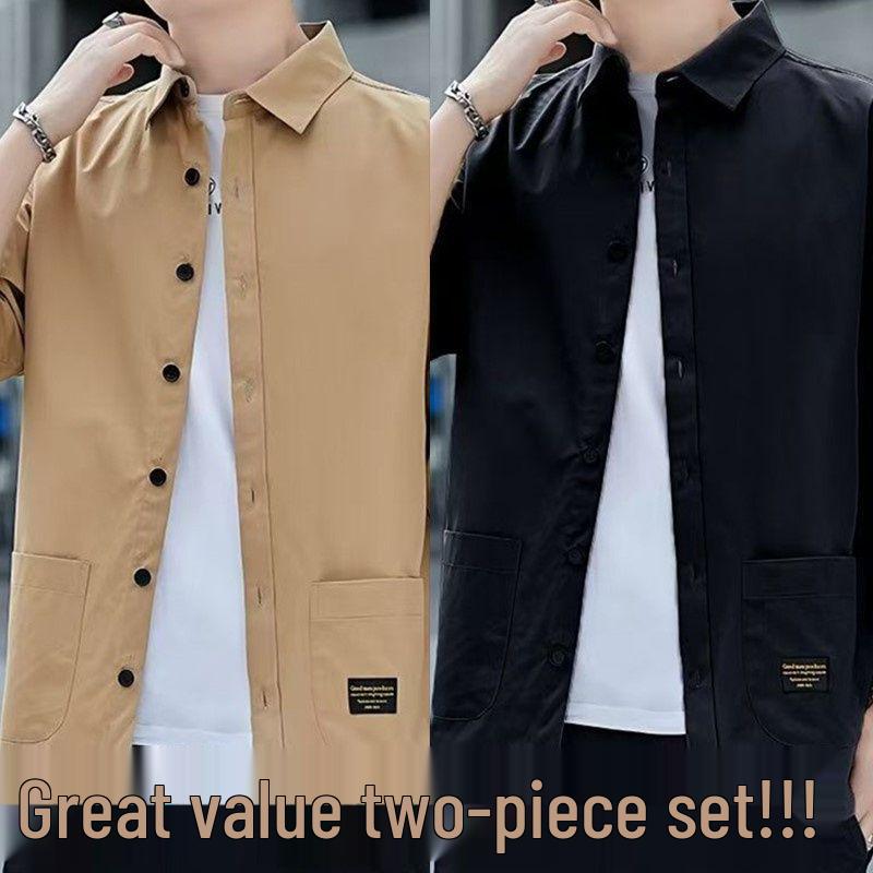 Men's Pure Cotton Seven-Sleeve Shirt - Spring/Summer Solid Color, Loose Fit, Trendy Casual Workwear with Versatile Pocket.